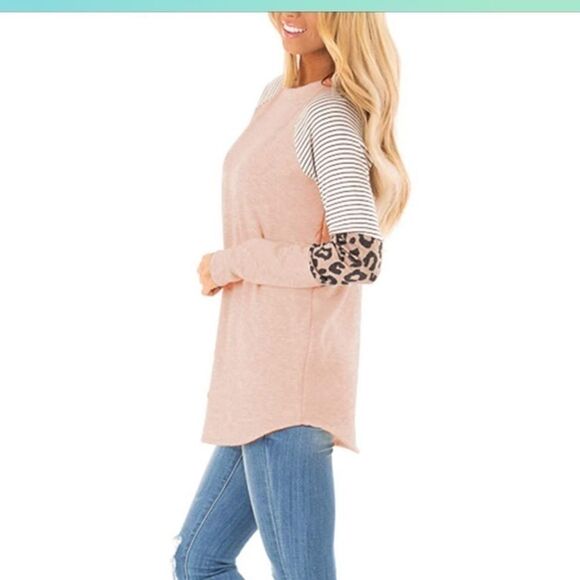 Boho Long Sleeve Leopard Color Block Tunic Shirt Top - Picture 2 of 7